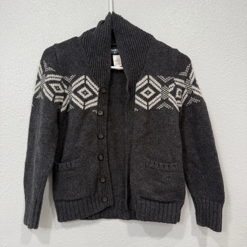 OshKosh Bgosh Kids Gray‎ Fair Isle Shawl Collar Button Cardigan Sweater Size 8
